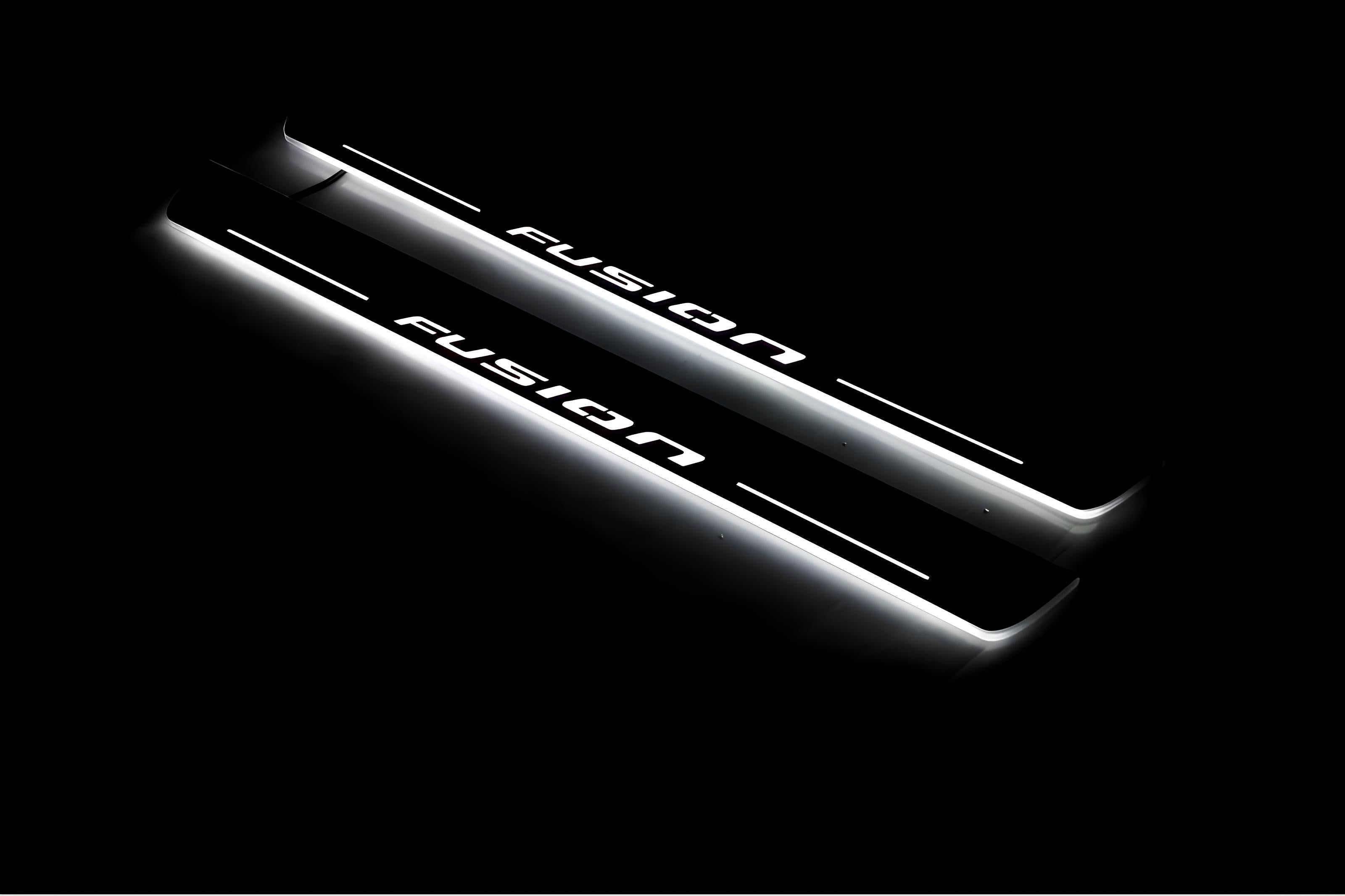 Illuminated LED Door Sill Tread Plates Ford Fusion II 2012-2020 With Fusion Logo Ford Led Door Sills opdesign