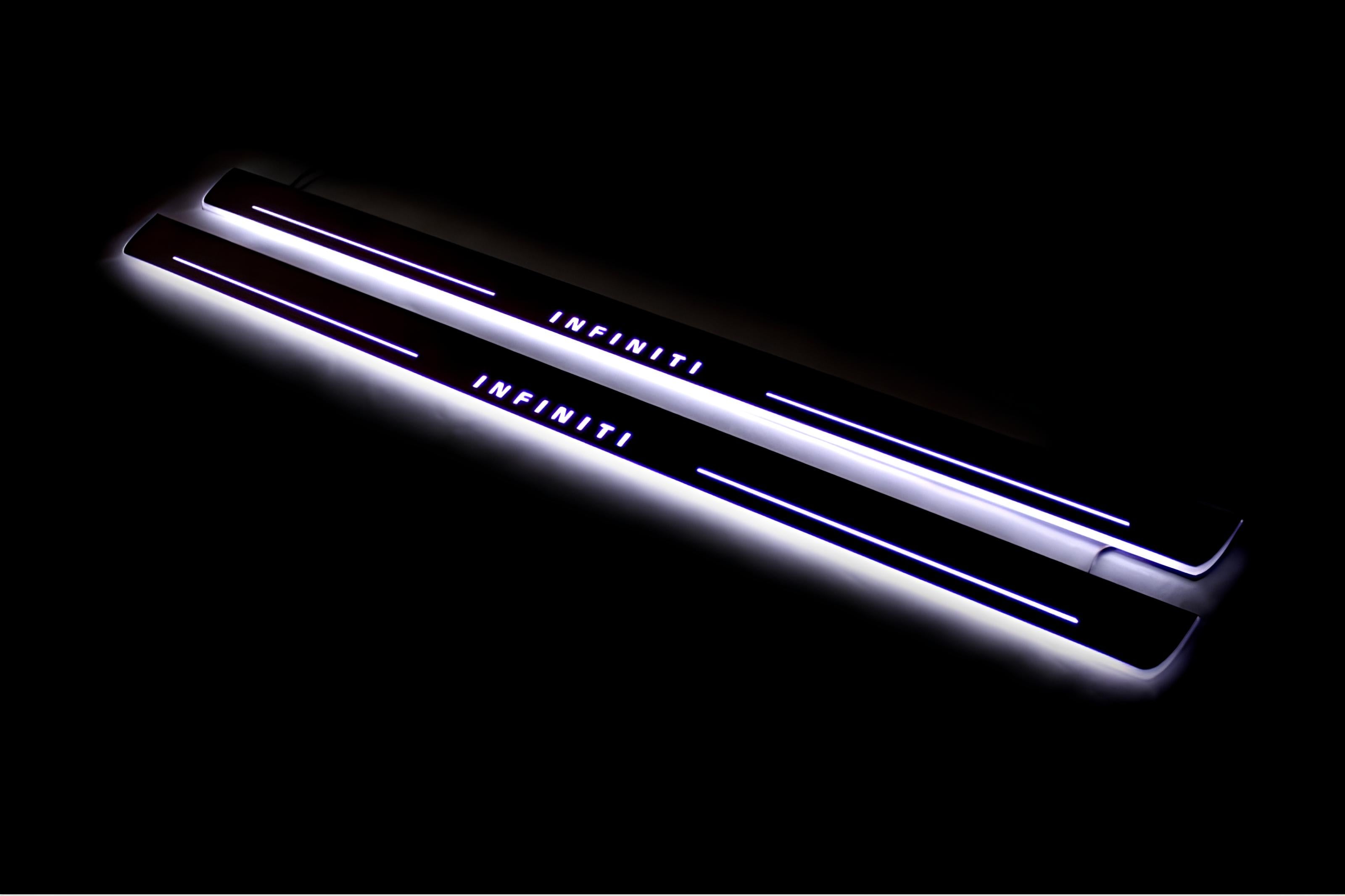 Illuminated LED Door Sill Tread Plates Infiniti Q60 2016+ With Infiniti Logo Infiniti Led Door Sills opdesign