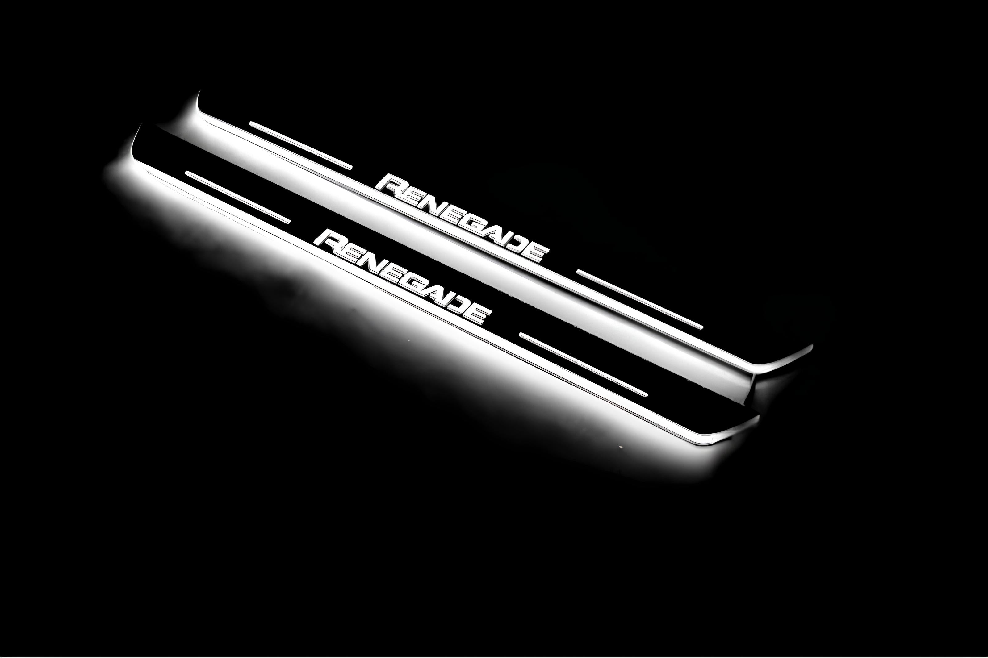 Illuminated LED Door Sill Tread Plates Jeep Renegade 2014+ With Renegade Logo Jeep Led Door Sills opdesign