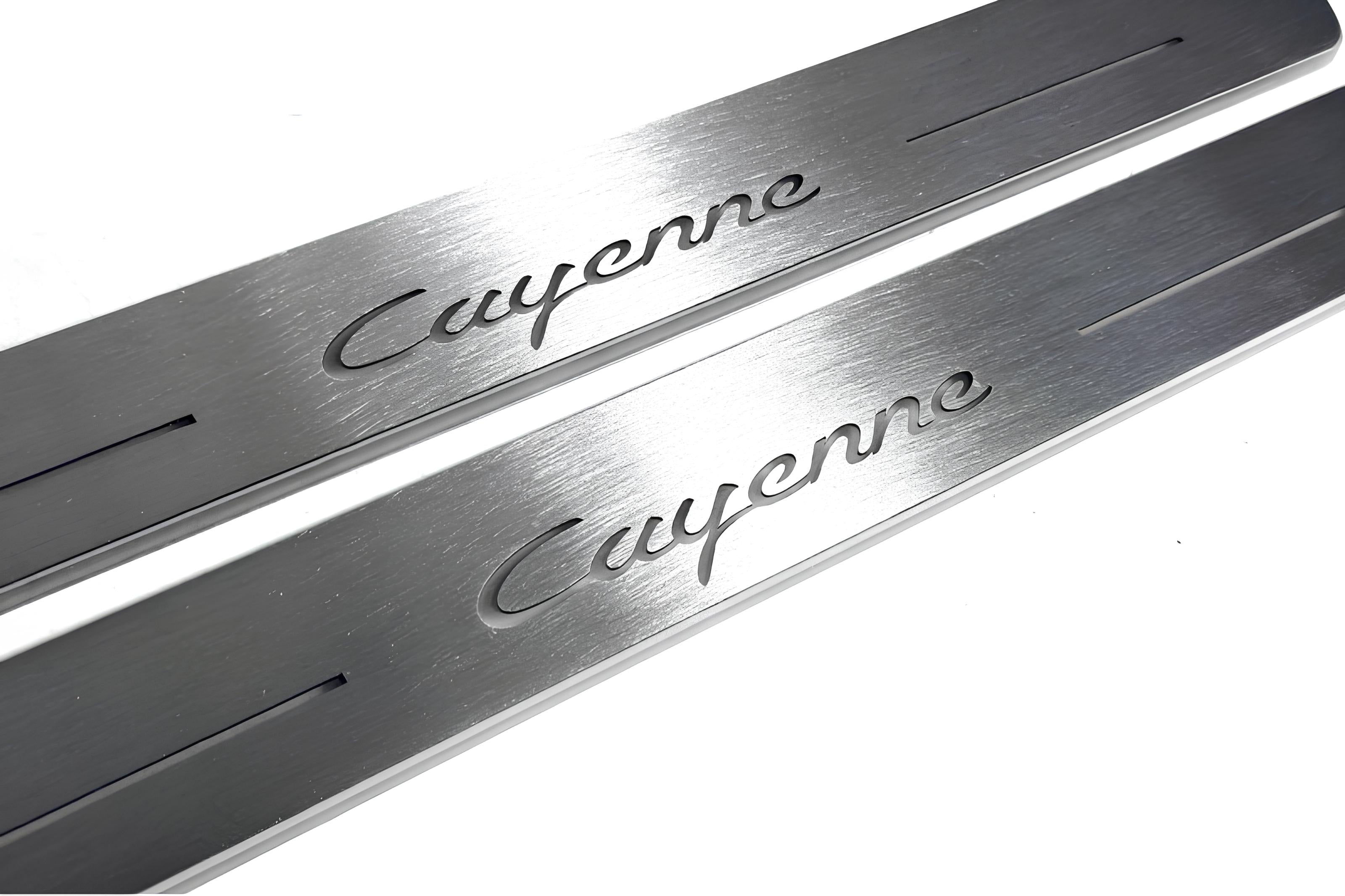 Illuminated LED Door Sill Tread Plates Porsche Cayenne II 2010-2017 With Cayenne Logo Porsche Led Door Sills opdesign