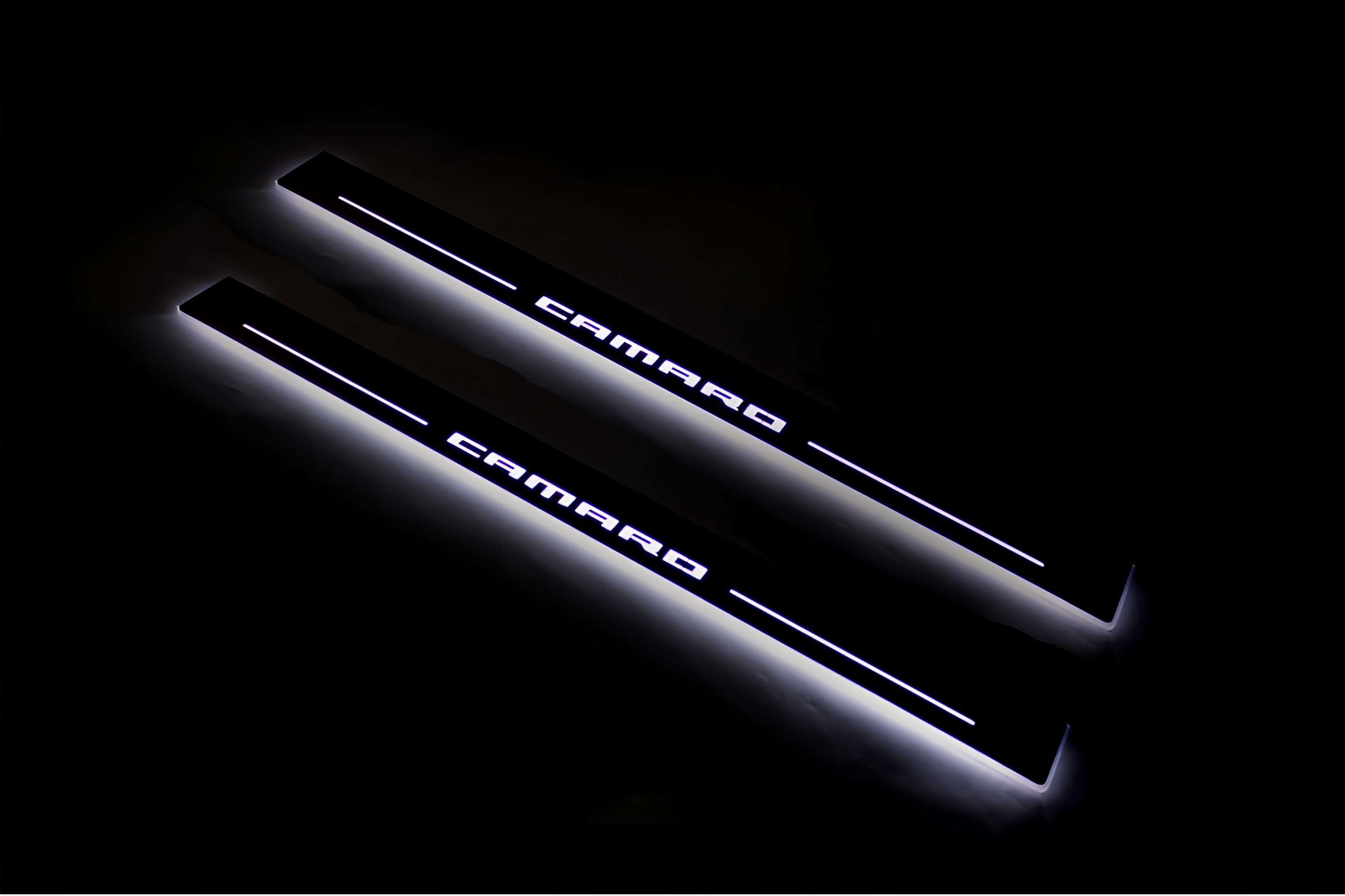 Illuminated LED Door Sill Tread Plates Chevrolet Camaro VI 2016-2024 With Camaro Logo Chevrolet Led Door Sills opdesign