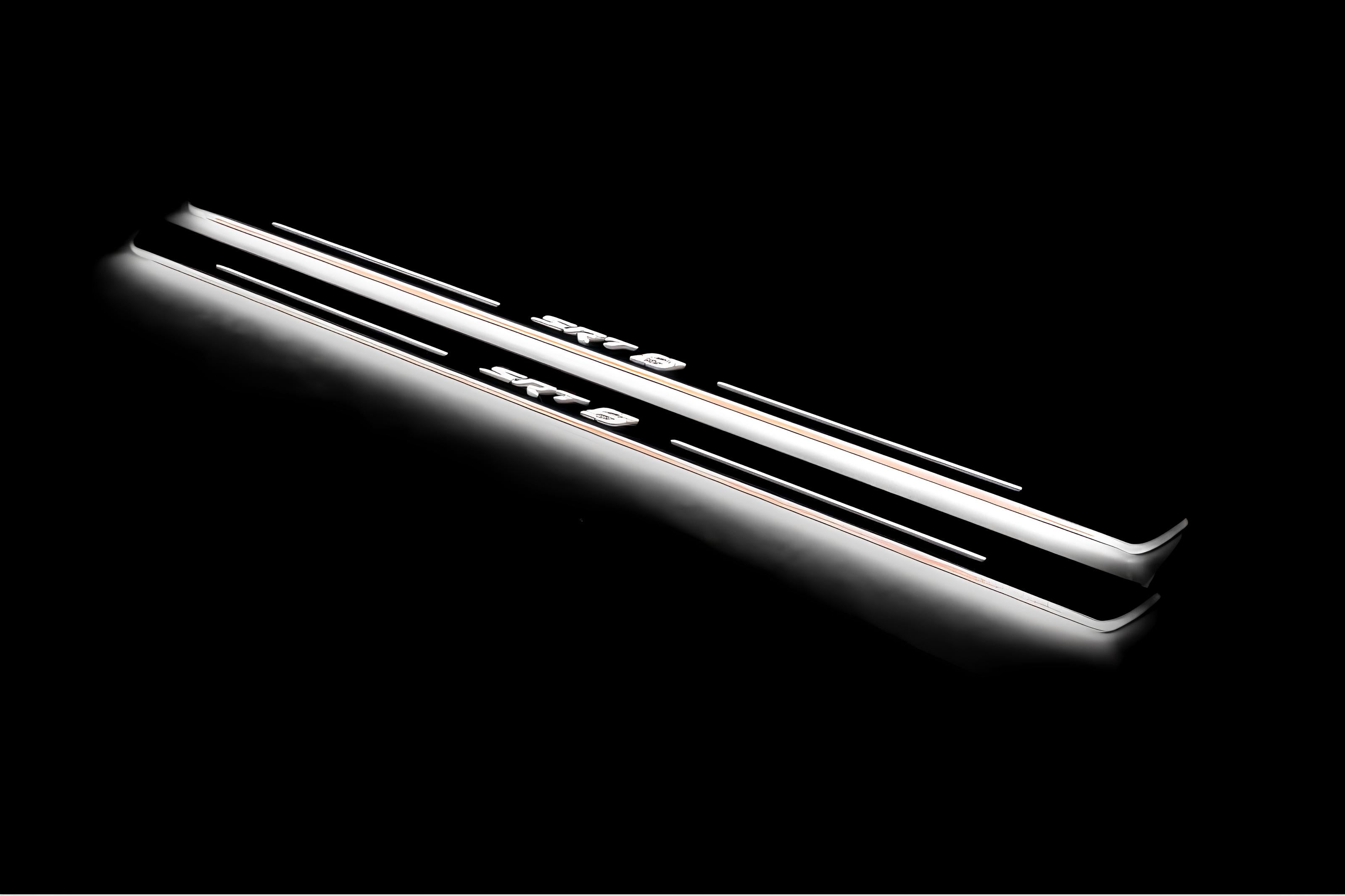 Illuminated LED Door Sill Tread Plates Dodge Challenger 2008-2023 With SRT8 Logo Dodge Led Door Sills opdesign