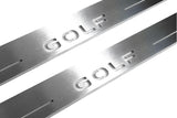 Close-up of Golf lettering and linear slots in silver-finished door sill plates.