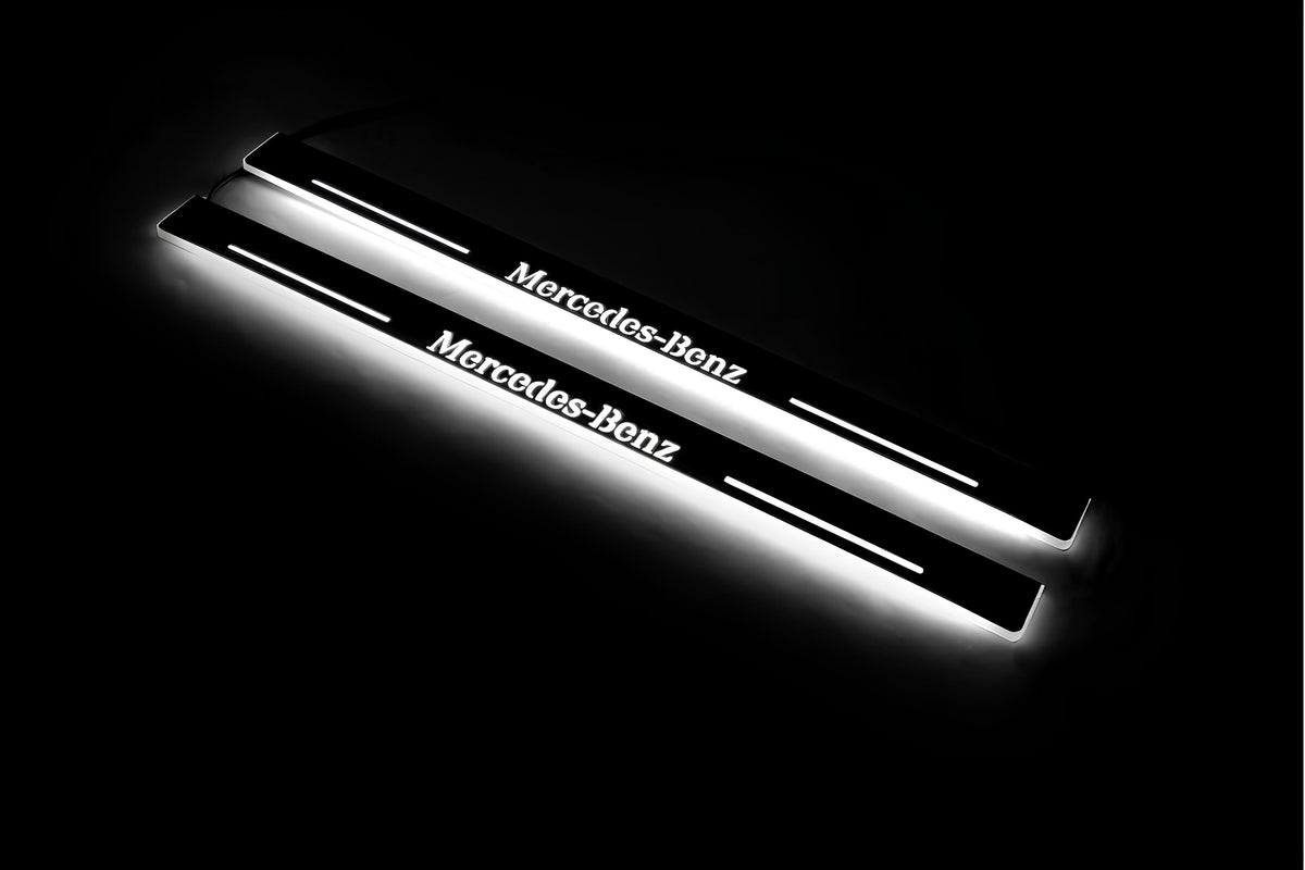 LED door sill plates Mercedes E W124 1985+ in stainless steel with Mercedes-Benz logo