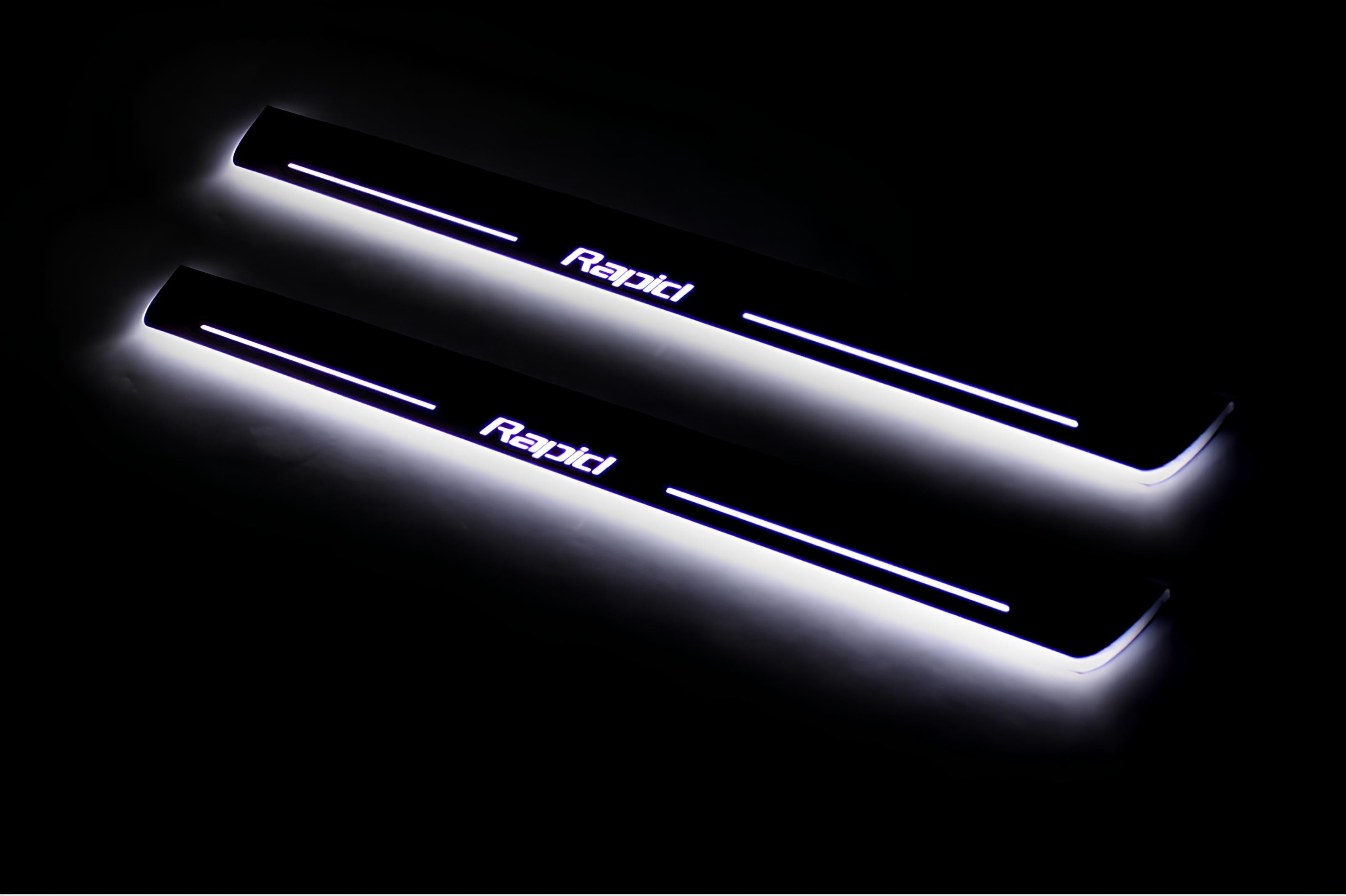 Illuminated LED Door Sill Tread Plates Skoda Rapid 2012+ With Rapid Logo Skoda Led Door Sills opdesign
