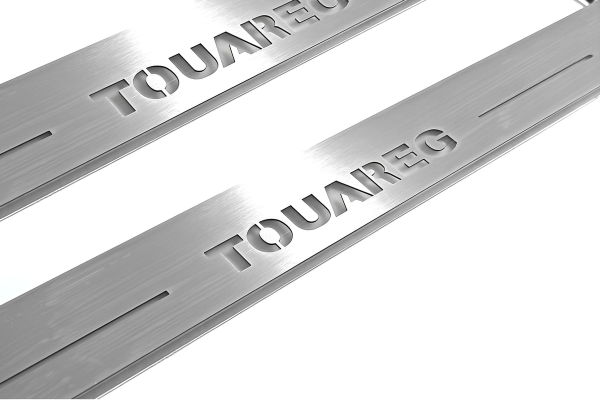 Volkswagen Touareg II 2010+ LED door sill plates in stainless steel with Touareg logo