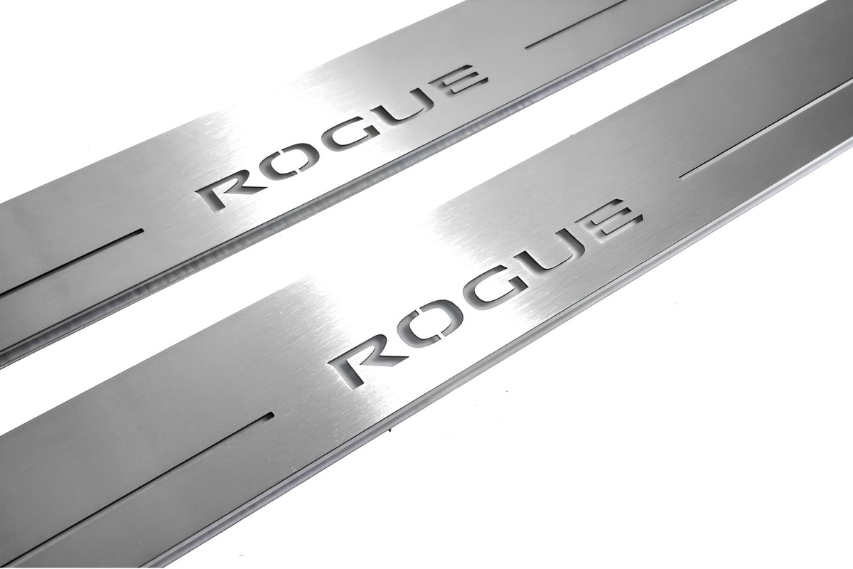 Nissan Rogue II T32 2014+ LED door sill plates stainless steel with Rogue logo