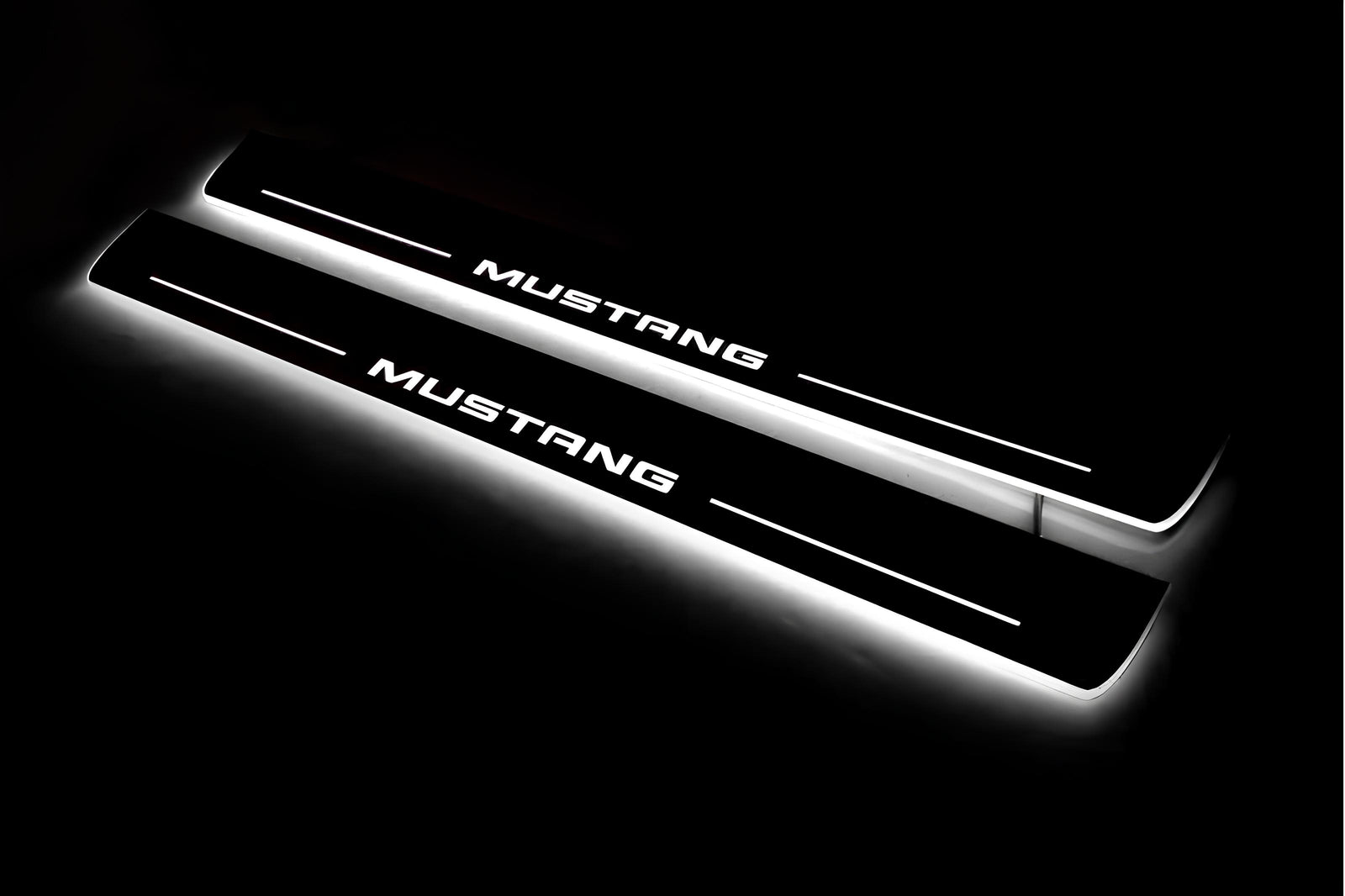 Ford Mustang VI S550 2015+ stainless steel LED door sill plates with Mustang logo
