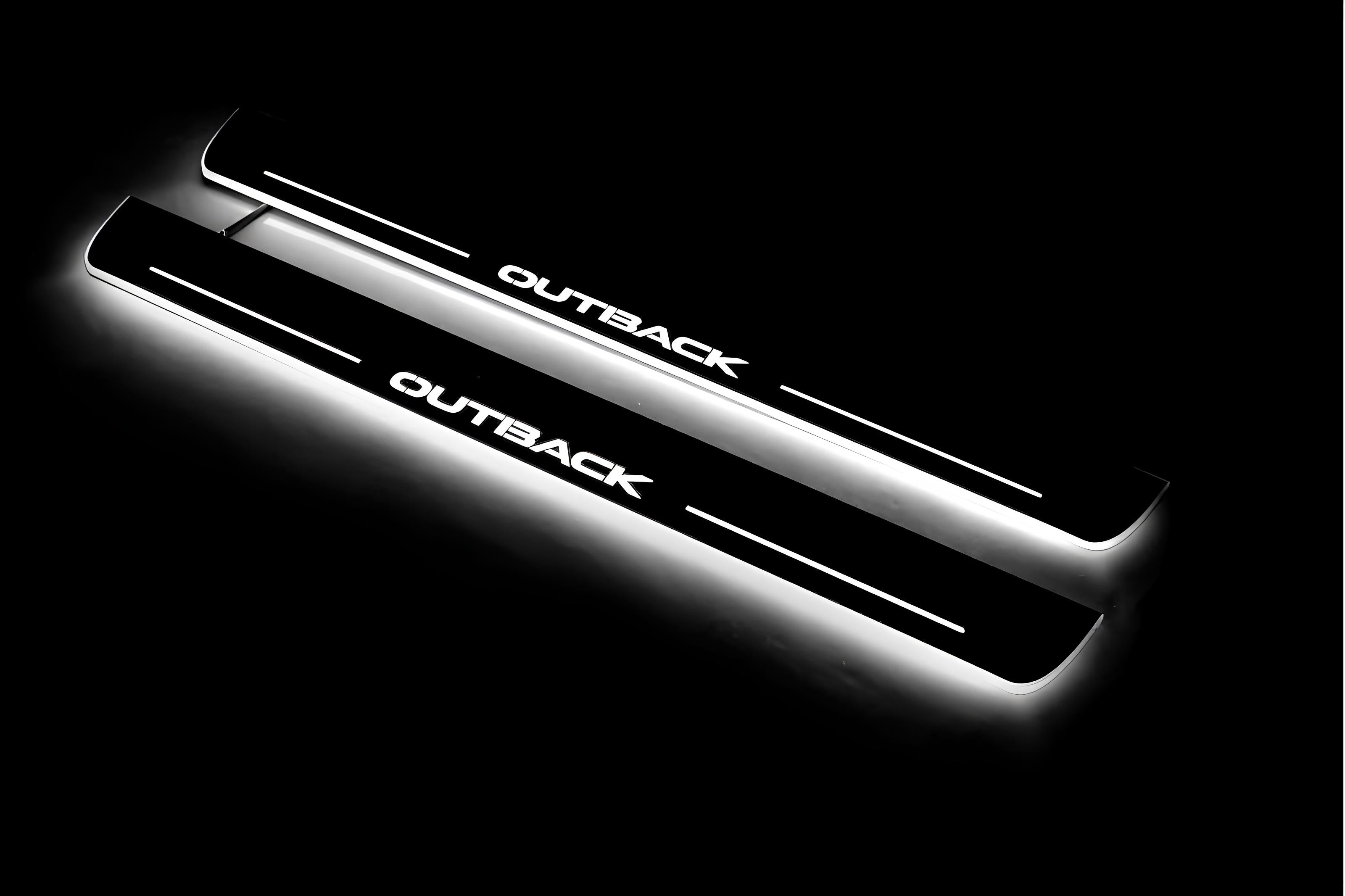 Illuminated LED Door Sill Tread Plates Subaru Outback IV 2009-2014 With Outback Logo Subaru Led Door Sills opdesign