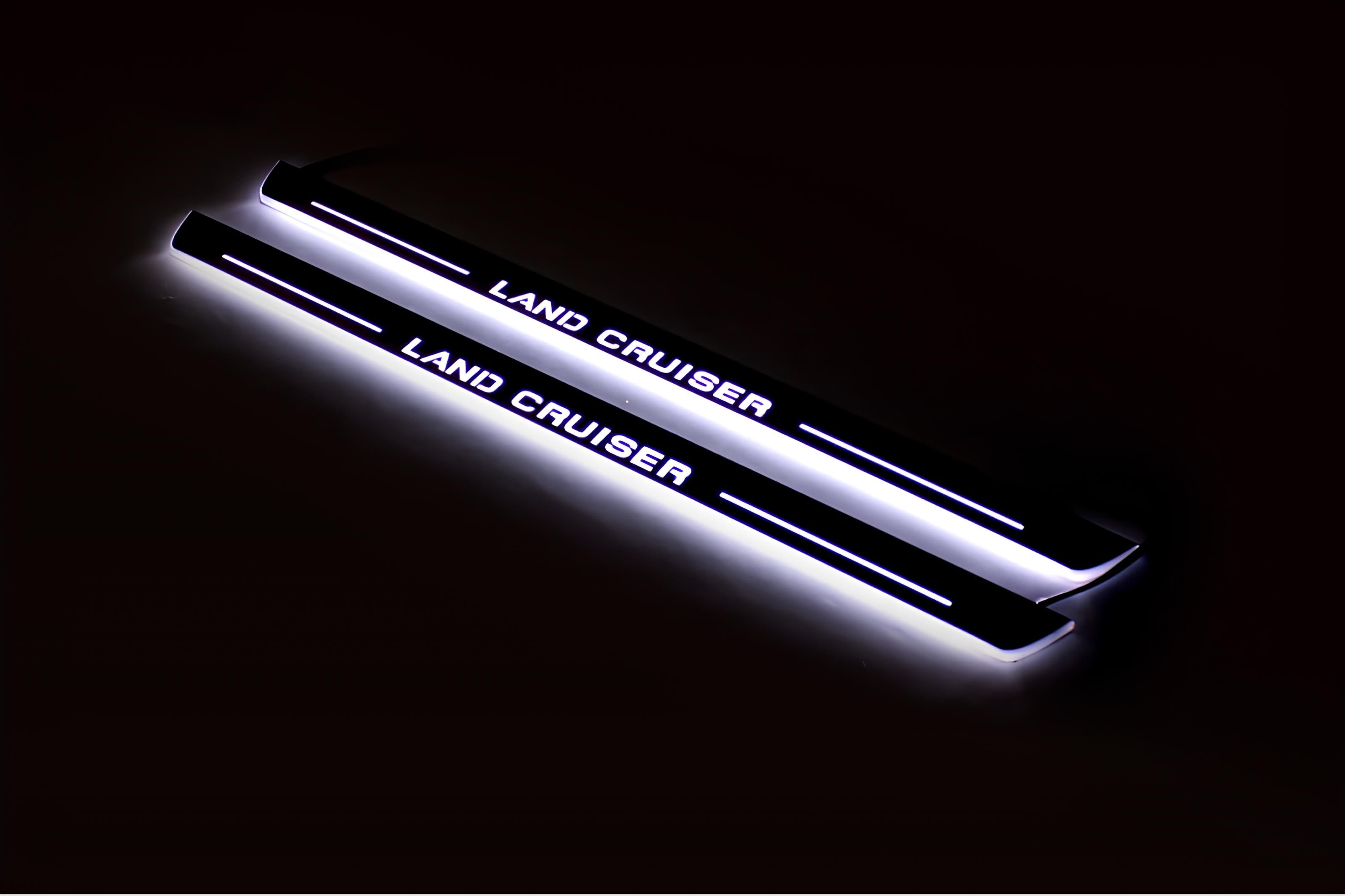 Illuminated LED Door Sill Tread Plates Toyota LC 200 2007-2021 With Land Cruiser Logo (type 1) Toyota Led Door Sills opdesign