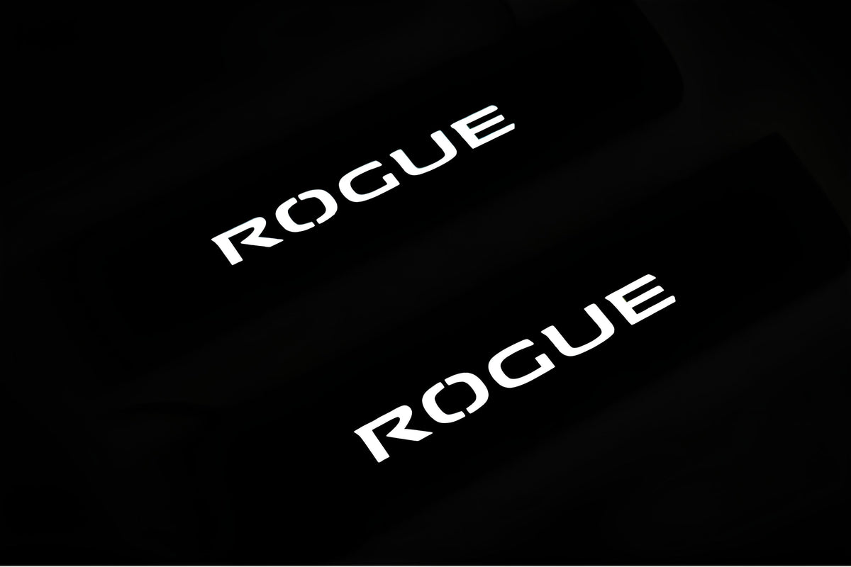 Nissan Rogue II T32 2014+ illuminated door sill protectors in stainless steel with Rogue logo