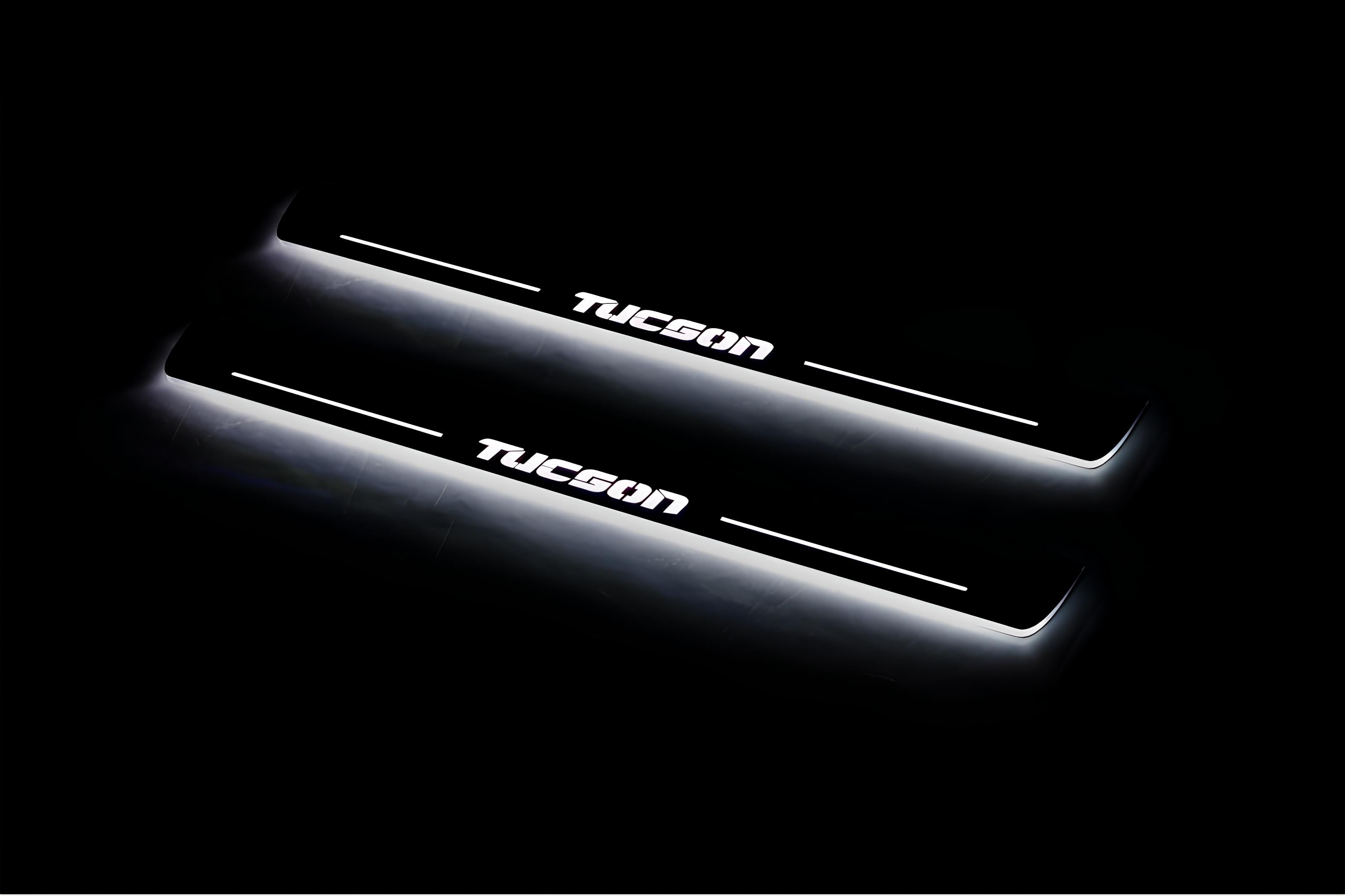Illuminated LED Door Sill Tread Plates Hyundai Tucson I 2004-2015 With Tucson Logo Hyundai Led Door Sills opdesign