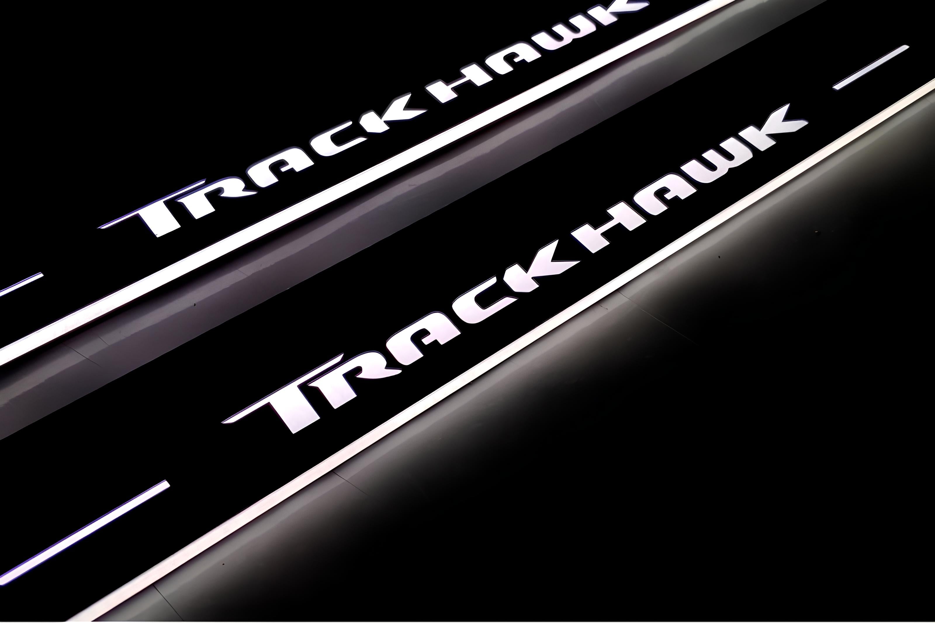 Illuminated LED Door Sill Tread Plates Jeep Grand Cherokee IV 2010-2021 With TrackHawk Logo Jeep Led Door Sills opdesign