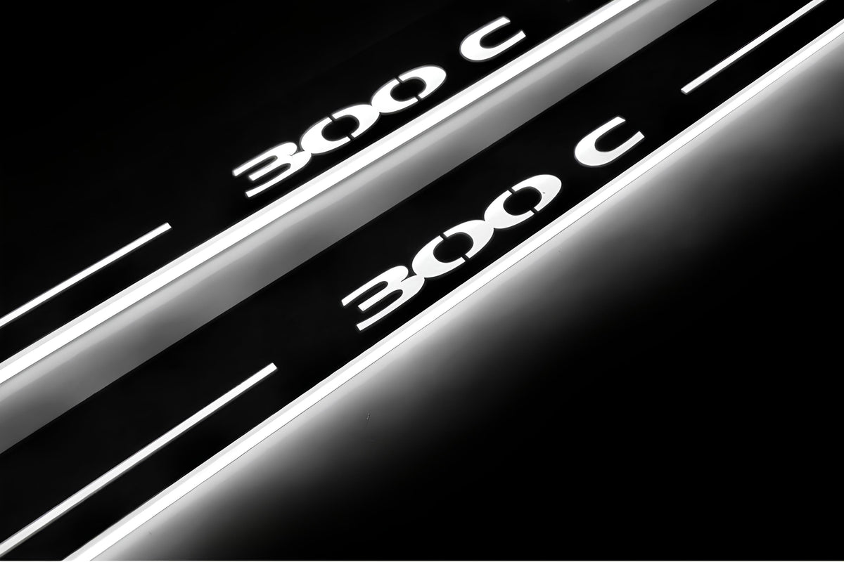 LED door sill plates Chrysler 300C I 2005+ in stainless steel with 300C logo