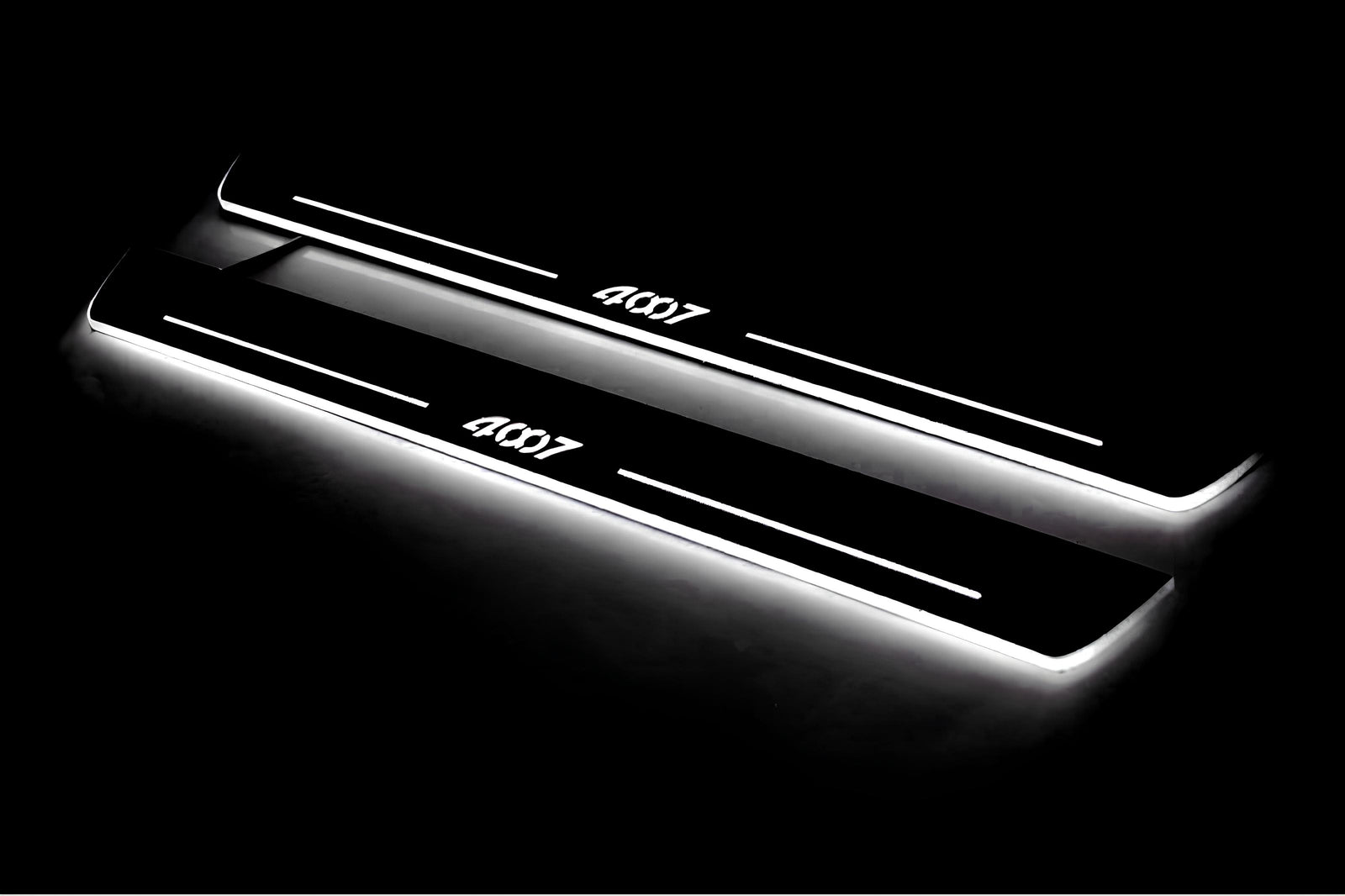 Peugeot 4007 2007+ illuminated entry guards in stainless steel with 4007 logo