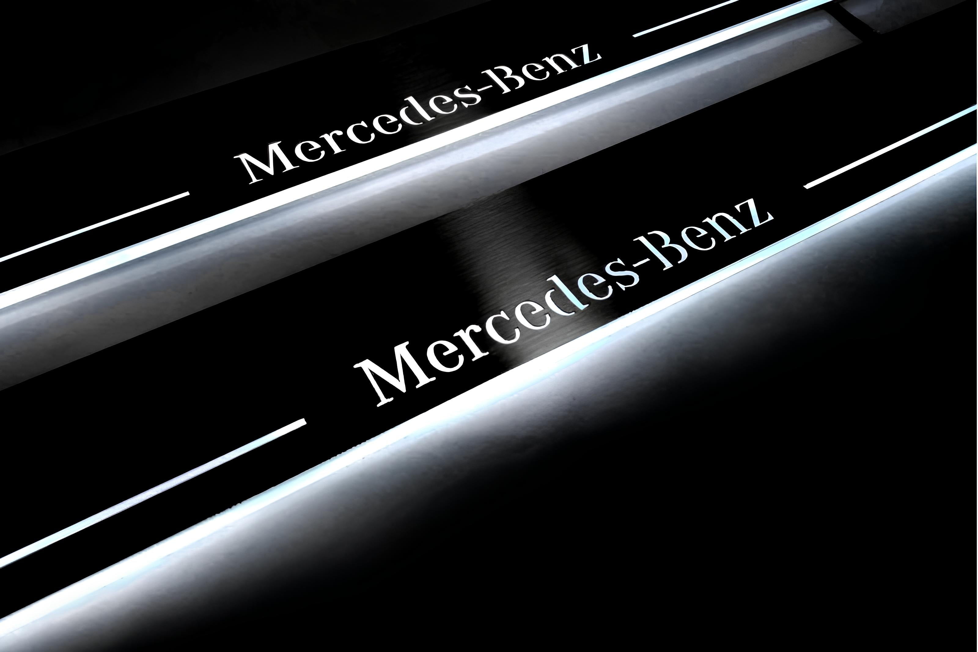 Illuminated LED Door Sill Tread Plates Mercedes GL X164 2006-2012 With Mercedes-Benz Logo Mercedes Led Door Sills opdesign