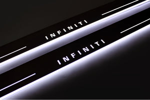 Illuminated LED Door Sill Tread Plates Infiniti Q60 2016+ With Infiniti Logo Infiniti Led Door Sills opdesign