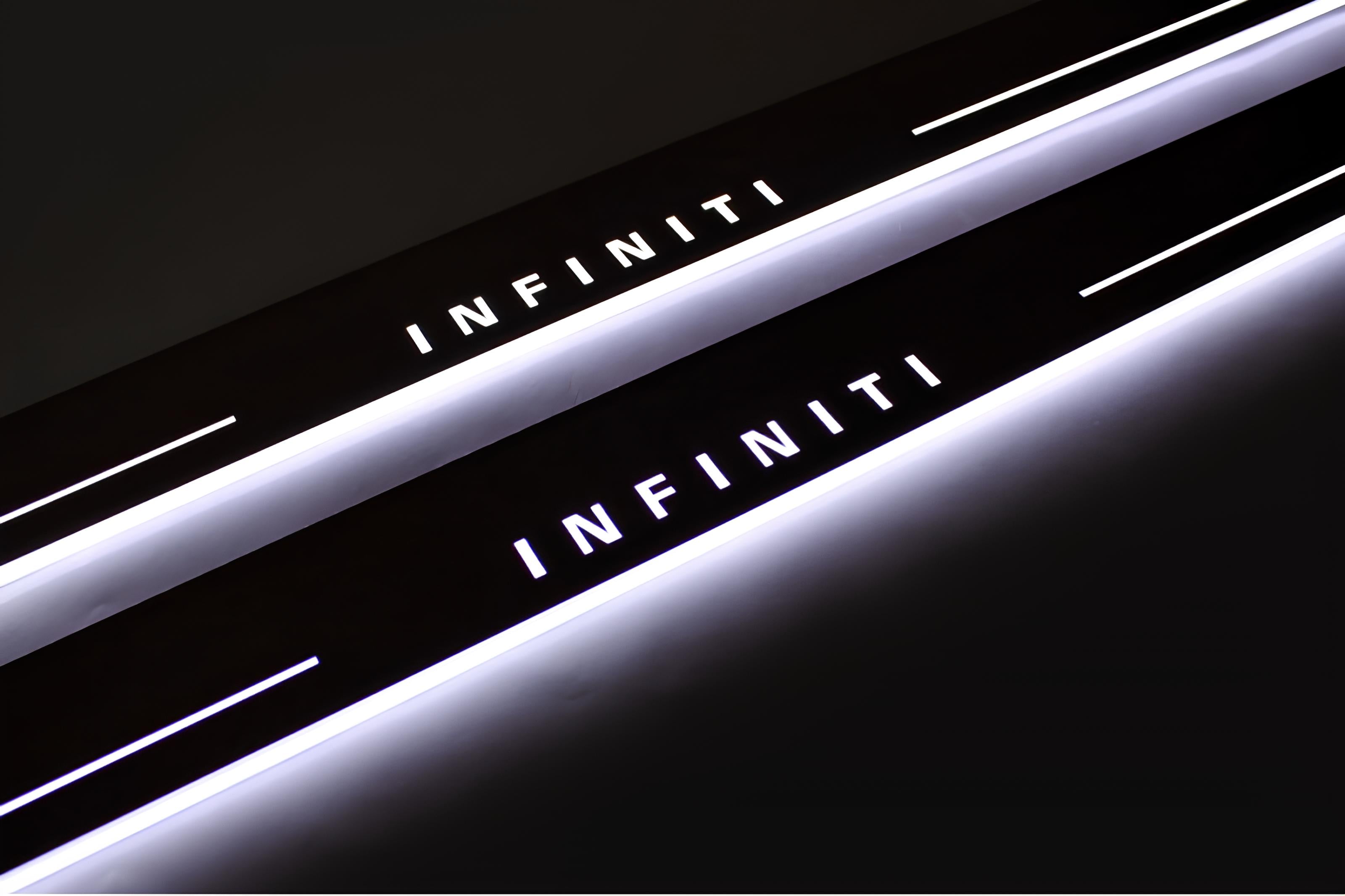 Illuminated LED Door Sill Tread Plates Infiniti Q60 2016+ With Infiniti Logo Infiniti Led Door Sills opdesign