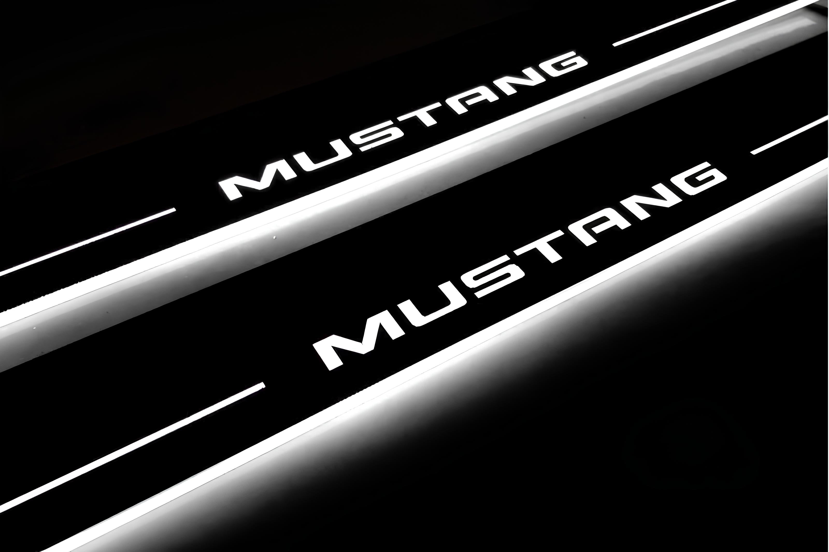 Illuminated LED Door Sill Tread Plates Ford Mustang VI 2015-2023 With Mustang Logo Ford Led Door Sills opdesign