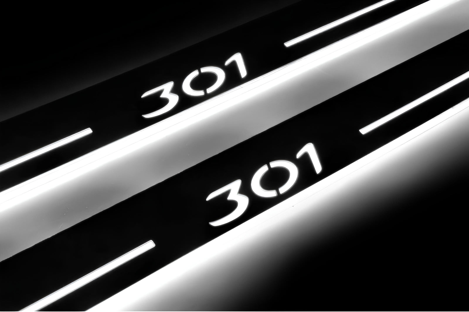 Peugeot 301 2012+ entry guards in stainless steel with 301 logo