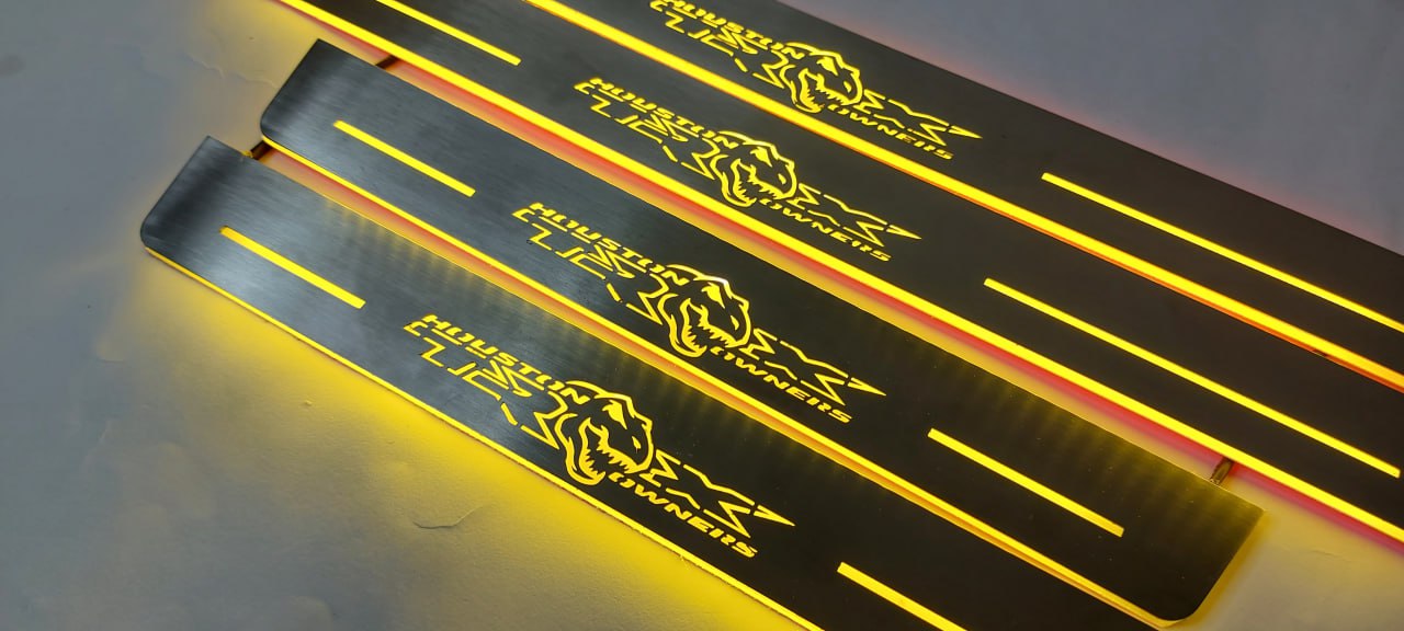 Illuminated LED Door Sill Tread Plates Dodge Ram V 2019+ With Houston Owners TRX Logo Dodge Led Door Sills opdesign