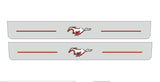 Catalog illustration of two long gray door sill plates with red Mustang horse emblems and horizontal lines on a white background.