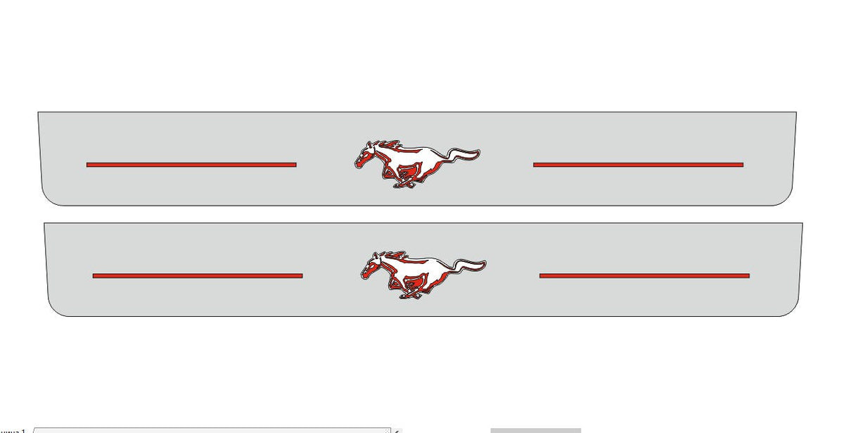 Catalog illustration of two long gray door sill plates with red Mustang horse emblems and horizontal lines on a white background.