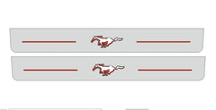 Catalog illustration of two long gray door sill plates with red Mustang horse emblems and horizontal lines on a white background.