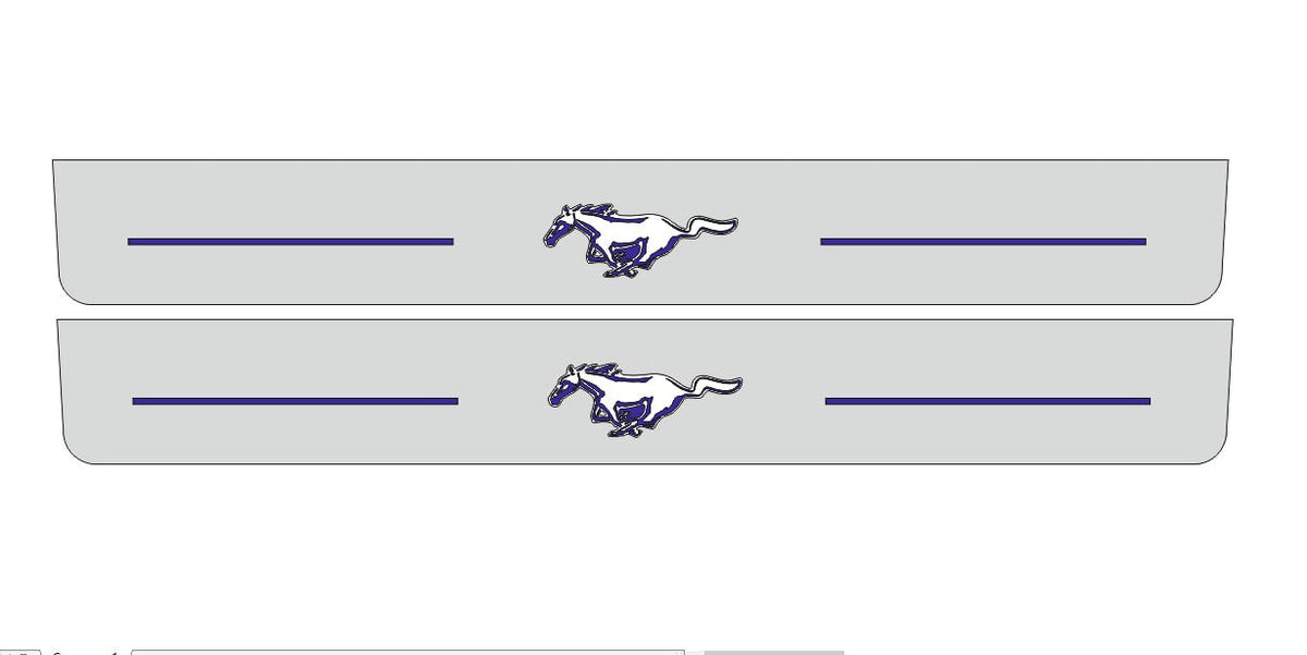 Catalog illustration of two long gray door sill plates with blue Mustang horse emblems and horizontal lines on a white background.
