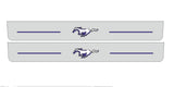 Catalog illustration of two long gray door sill plates with blue Mustang horse emblems and horizontal lines on a white background.