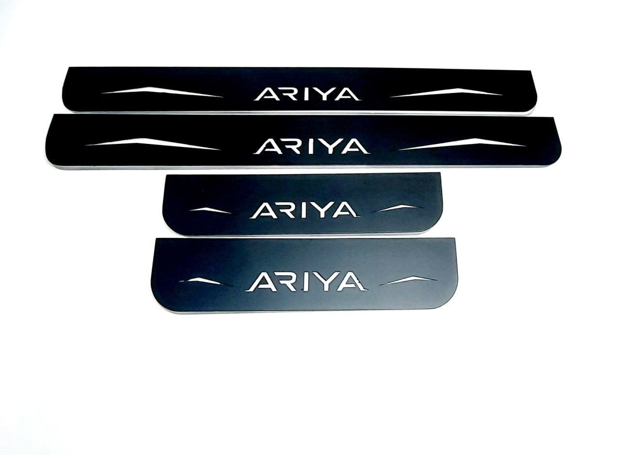 Illuminated LED Door Sill Tread Plates Nissan Ariya 2022+ With Ariya Logo Nissan Led Door Sills opdesign
