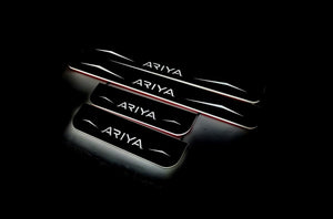 Illuminated LED Door Sill Tread Plates Nissan Ariya 2022+ With Ariya Logo Nissan Led Door Sills opdesign