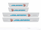 Catalog illustration of four gray door sill plates with blue Jailbreak lettering and red Hellcat head emblems.