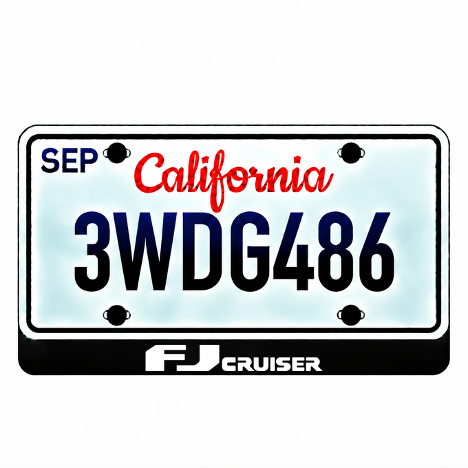 Toyota FJ Cruiser illuminated LED license plate badge with the shown artwork below an illustrative US plate; plate not included