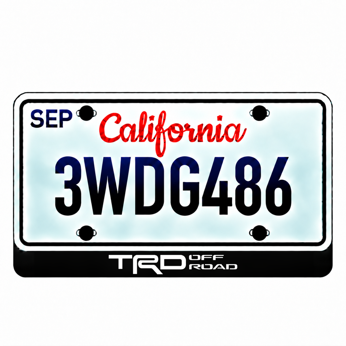 Toyota TRD Off Road illuminated LED license plate badge with the shown artwork below an illustrative US plate; plate not included