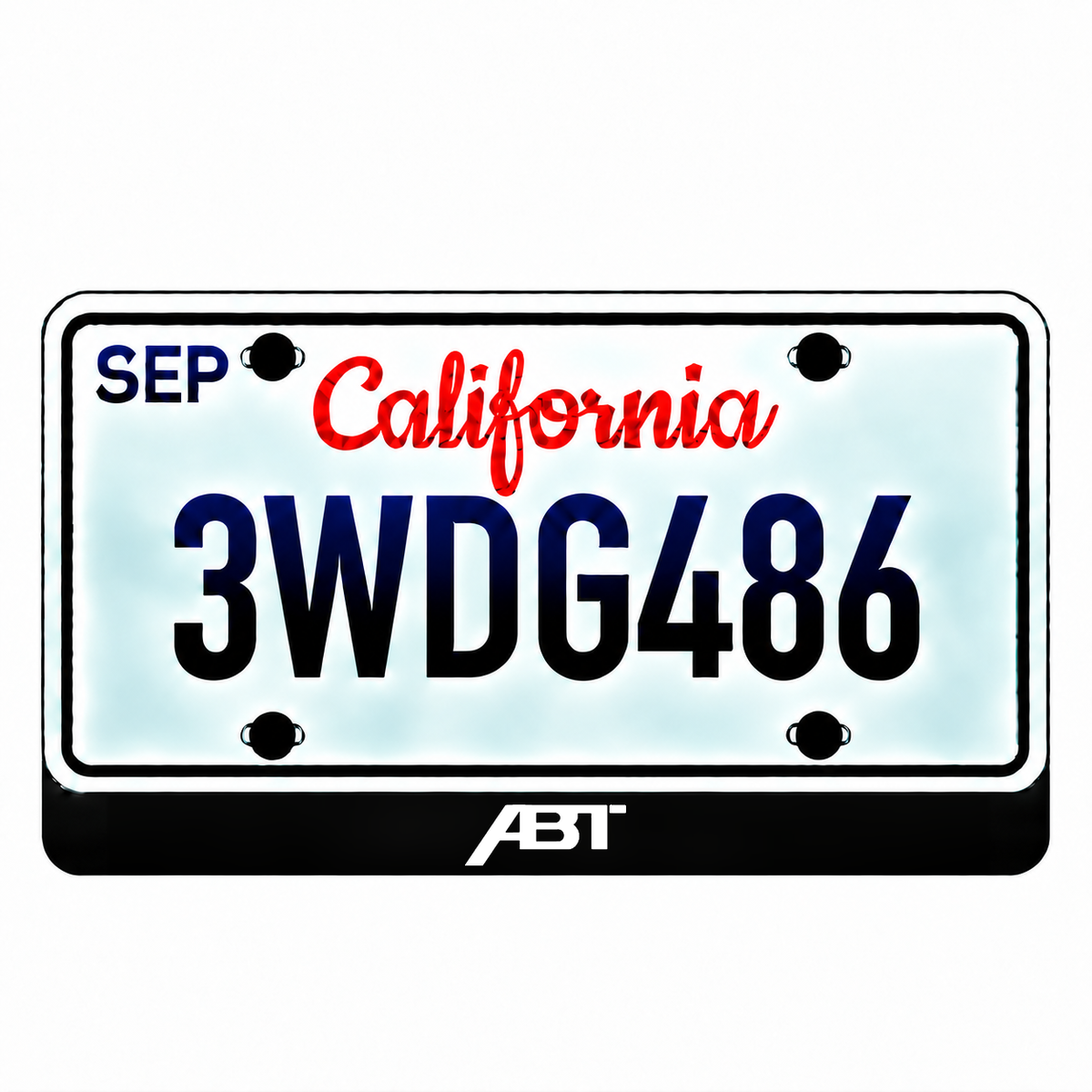 Volkswagen ABT illuminated LED license plate badge with the shown artwork below an illustrative US plate; plate not included