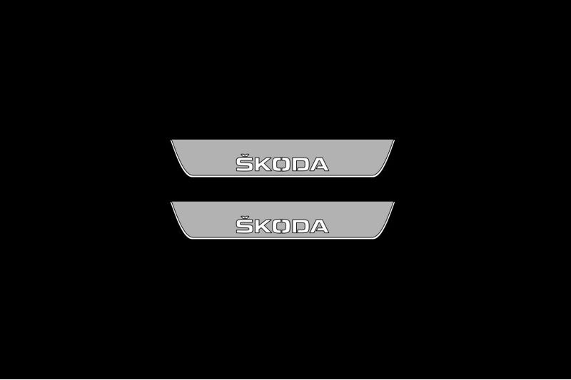Illuminated LED Door Sill Tread Plates Skoda Octavia II (A5) 2004-2013 With Skoda Logo Skoda Led Door Sills opdesign