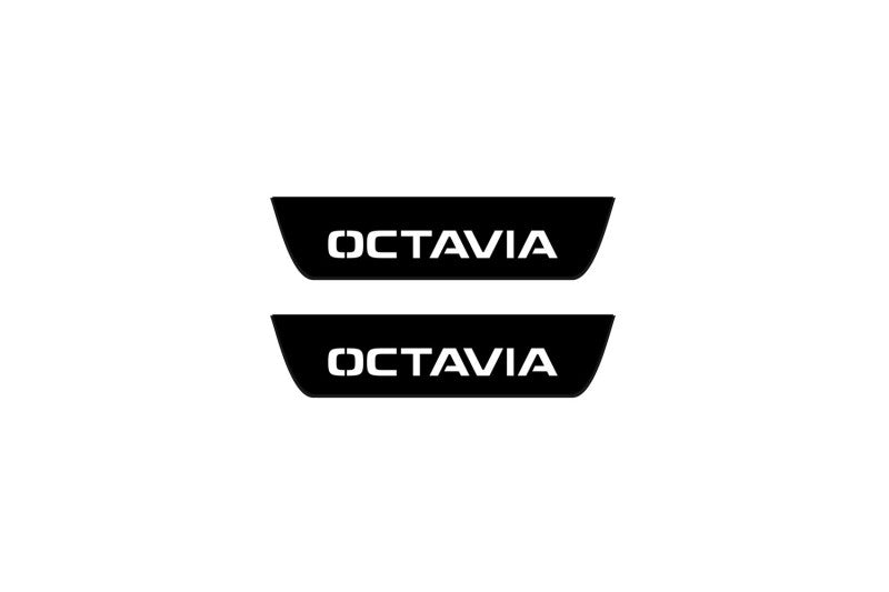 Skoda Octavia III (A7) 2013+ illuminated entry guards in stainless steel with Octavia logo