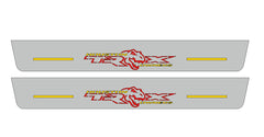Catalog illustration of two long gray door sill plates with Houston Owners TRX lettering with red dinosaur heads and yellow horizontal lines on a white background.