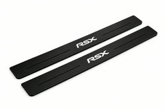 Catalogue illustration of two front black Matte PRO LED door sill plates with illuminated RSX lettering for Acura RSX Coupe DC5; dimensions are selected during manufacture.