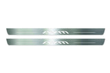 Two long silver-finished door sill plates with Adam lettering on a light background, straight-on view.