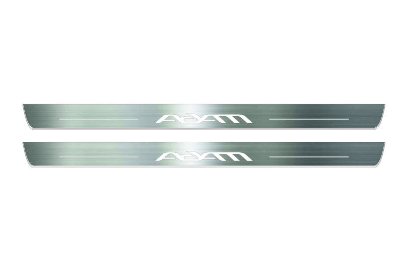Two long silver-finished door sill plates with Adam lettering on a light background, straight-on view.