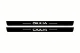 Catalogue illustration of two front black Matte PRO LED door sill plates with illuminated Giulia lettering for Alfa Romeo Giulia; dimensions are selected during manufacture.