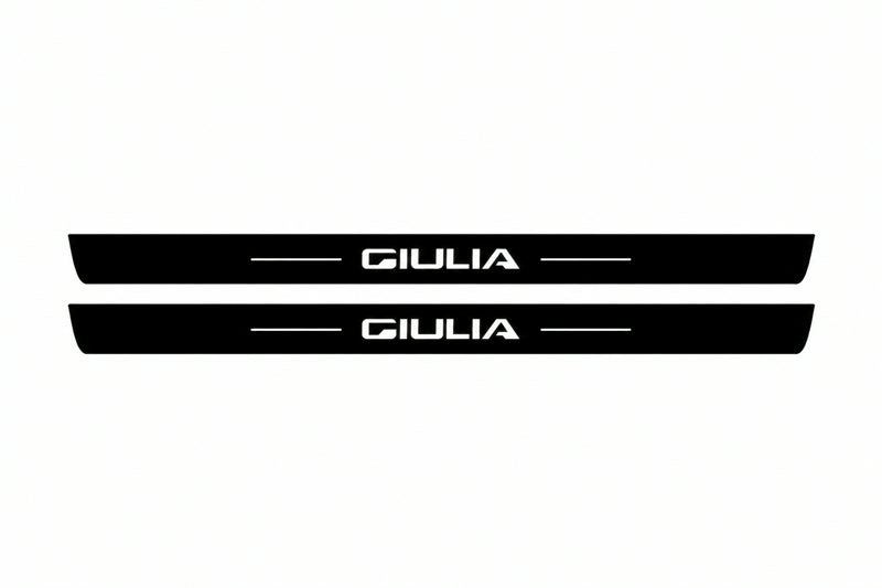 Catalogue illustration of two front black Matte PRO LED door sill plates with illuminated Giulia lettering for Alfa Romeo Giulia; dimensions are selected during manufacture.