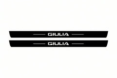 Catalogue illustration of two front black Matte PRO LED door sill plates with illuminated Giulia lettering for Alfa Romeo Giulia; dimensions are selected during manufacture.