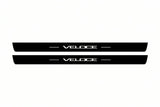 Catalogue illustration of two front black Matte PRO LED door sill plates with illuminated Veloce lettering for Alfa Romeo Giulia; dimensions are selected during manufacture.