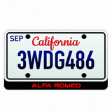 ALFA ROMEO illuminated LED license plate badge below a California-style 12 by 6 inch example plate; plate not included