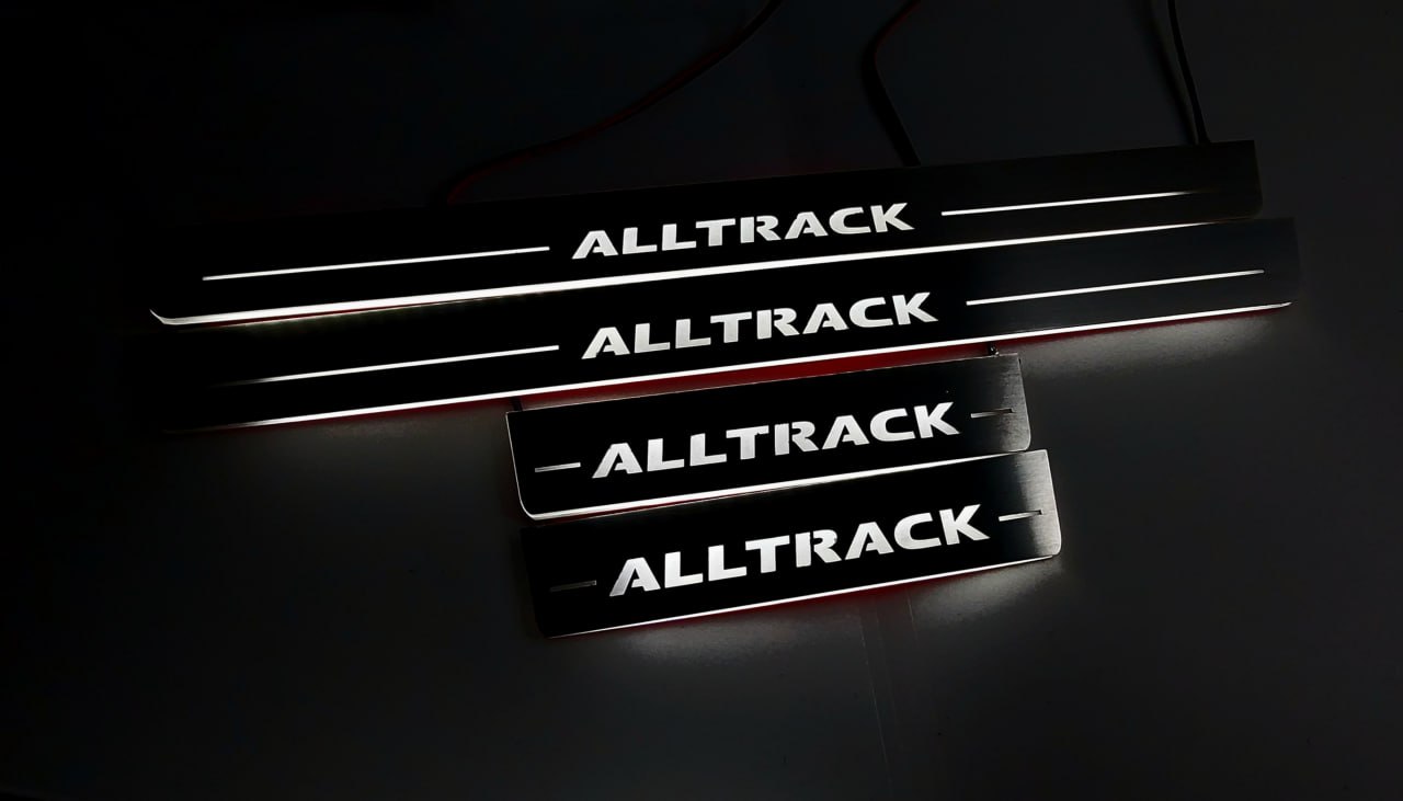 Volkswagen Passat B8 2015+ stainless steel LED door sill plates with Alltrack logo