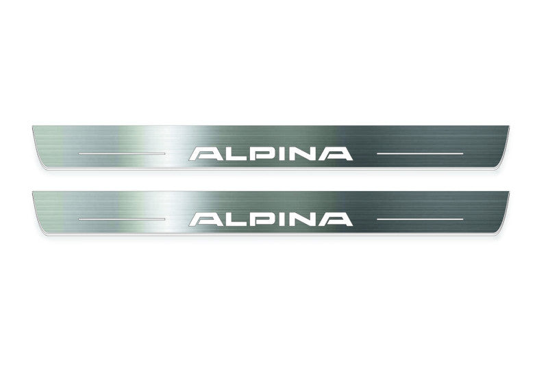 BMW 5 E34 1987+ illuminated entry guards in stainless steel with Alpina logo