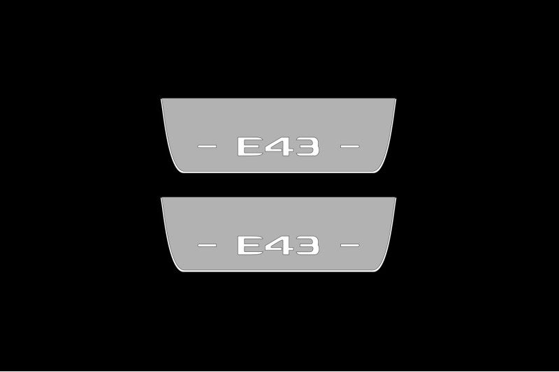 Illuminated LED Door Sill Tread Plates Mercedes E W213 2016-2023 With AMG E43 Logo Mercedes Led Door Sills opdesign